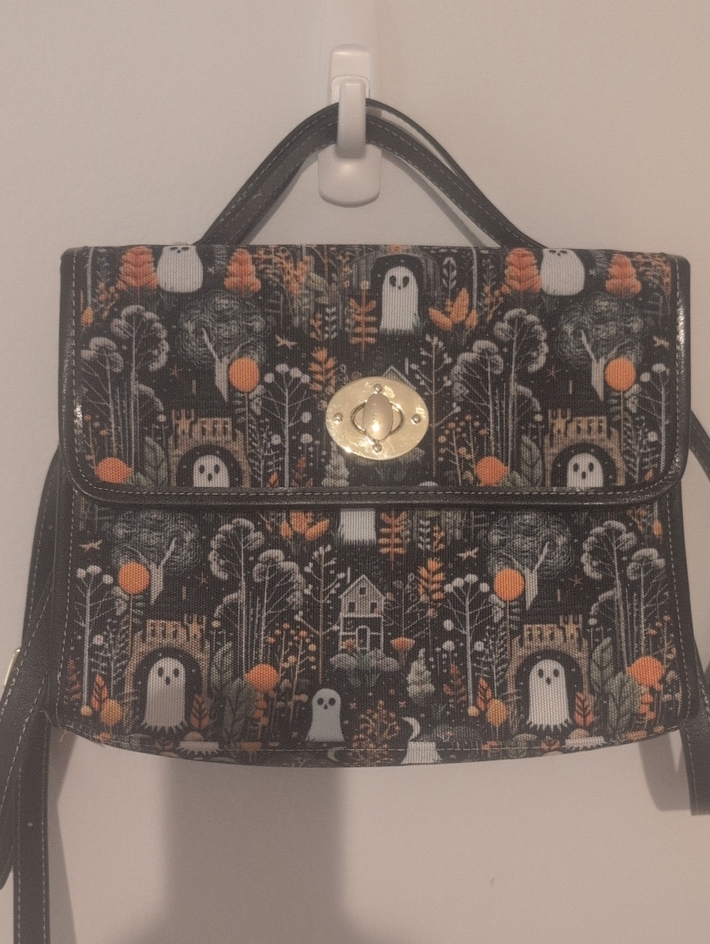 Whimsical Ghost Print Top-Handle Shoulder Bag in Black and Orange